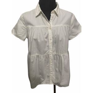 Time & Tru Women's Blouse Small 4-6 White Cotton Lyocell Button Up Tiered Shirt